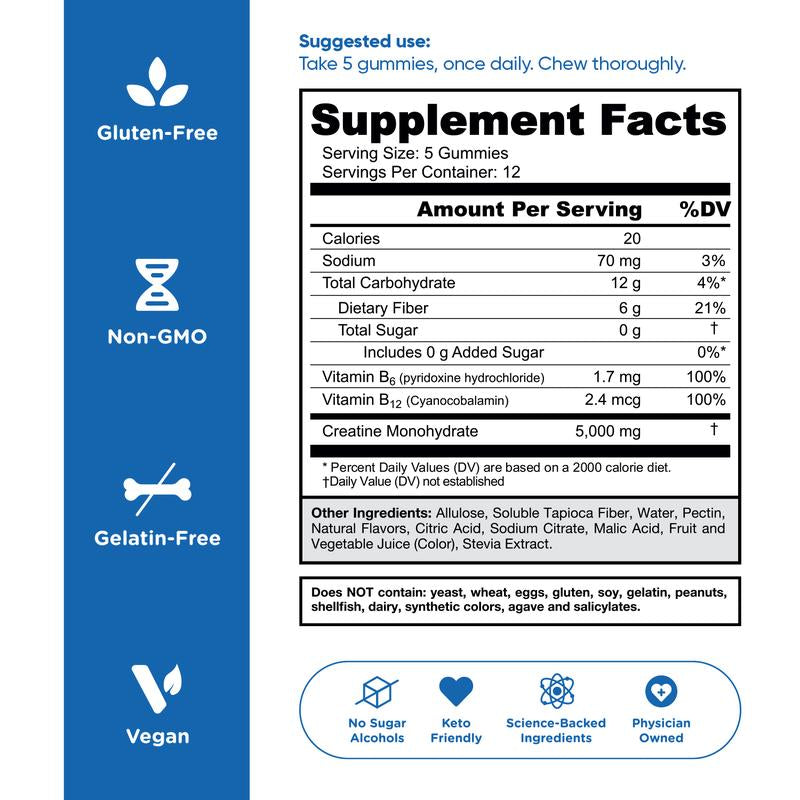 Goli Zero Sugar Creatine Gummies - Keto-Friendly, Rich in Fiber, No Sugar Alcohols, No Artificial Sweeteners, Gluten-Free, Vegan, Non-Gmo, and Gelatin-Free